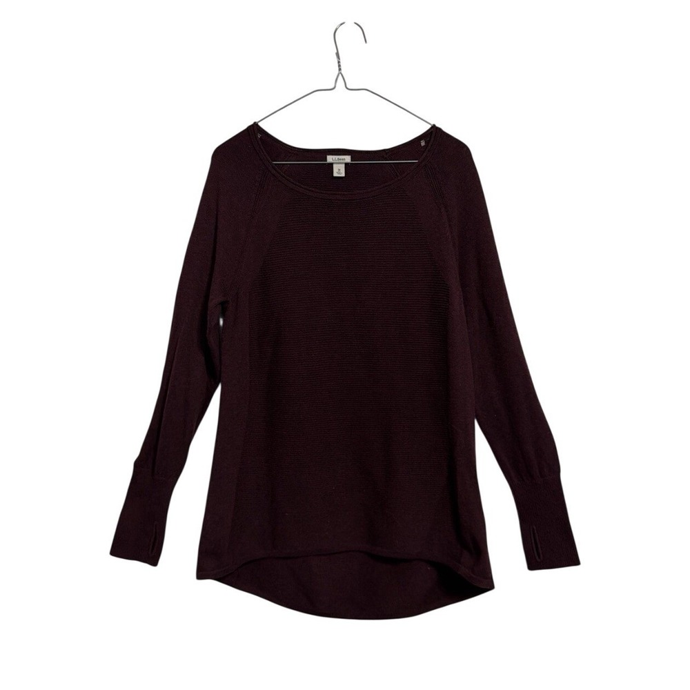 LL‎ Bean Womens M Burgundy Cotton Blend Ribbed Thumbhole Pullover Sweater 300461